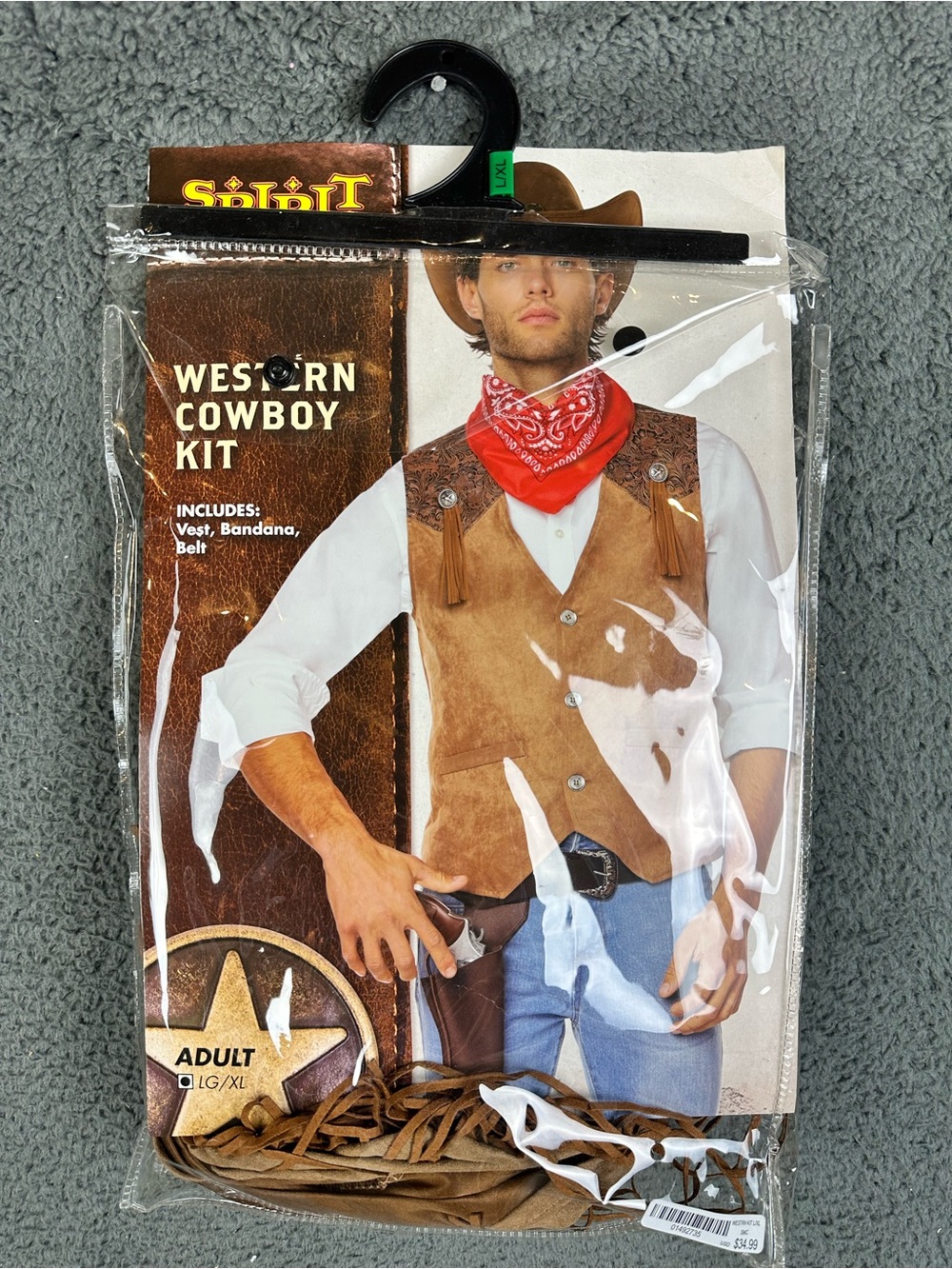 Spirit Halloween Western Cowboy Kit Adult L/XL Vest Bandana Belt Holster Brown